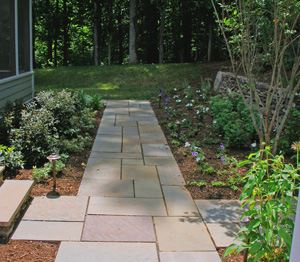 Bluestone and plants lead from the front yard.