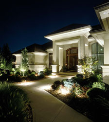 Outdoor house lighting lighting shows off the residence.