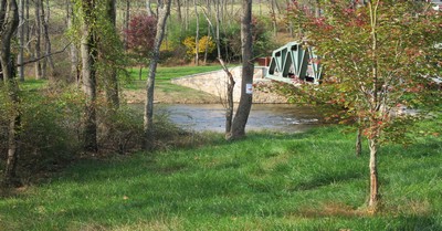 A river scene in the fall showing trees with foliage color.